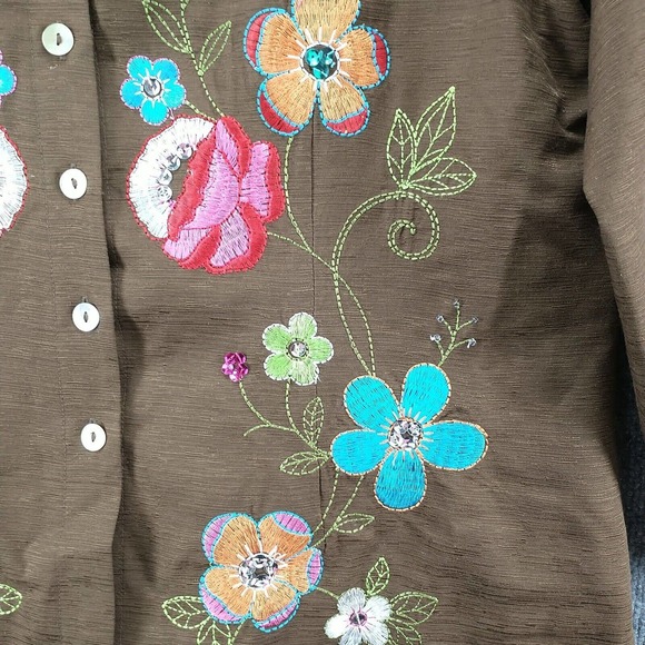 Silkland Women's Button-Up Jacket Brown XL Floral Embroidered Lined - Picture 4 of 13